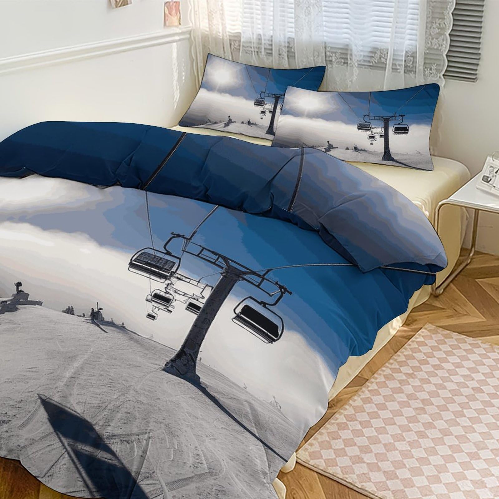 Couette pour grand lit motif remontées mécaniques, parure de lit 3 pièces épaisse pour la maison