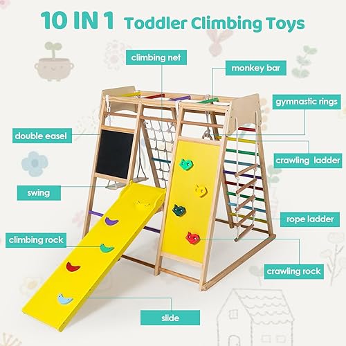 Miniatura 2 de Kinder King Juguetes de escalada de madera 10 en 1 para niños, gimnasio de la jungla con tabla de dibujo, tobogán, escalada en roca y red, escalera,