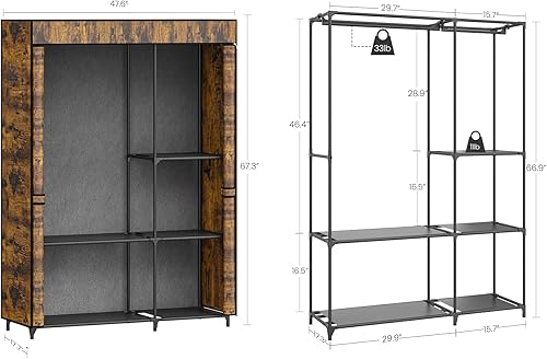 Miniatura 7 de Hzuaneri Armario portátil de 47.6 pulgadas para dormitorio, 2 rieles de ropa con cubierta de tela no tejida, organizador de almacenamiento de ropa,