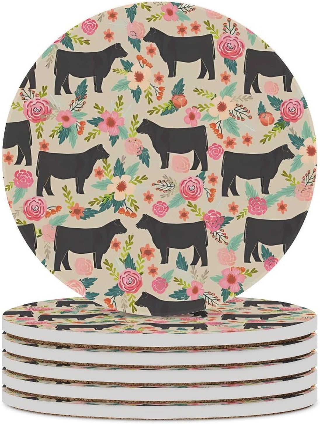6PCS Flower Show Steer Cows Cattle Coasters Non-Slip Round Drink Coasters with Ceramic Stone and Cork Base, Heat Resistant Absorbent 33.00Stone Coaster Set for Kinds of Mugs and Cups, 4 Inch