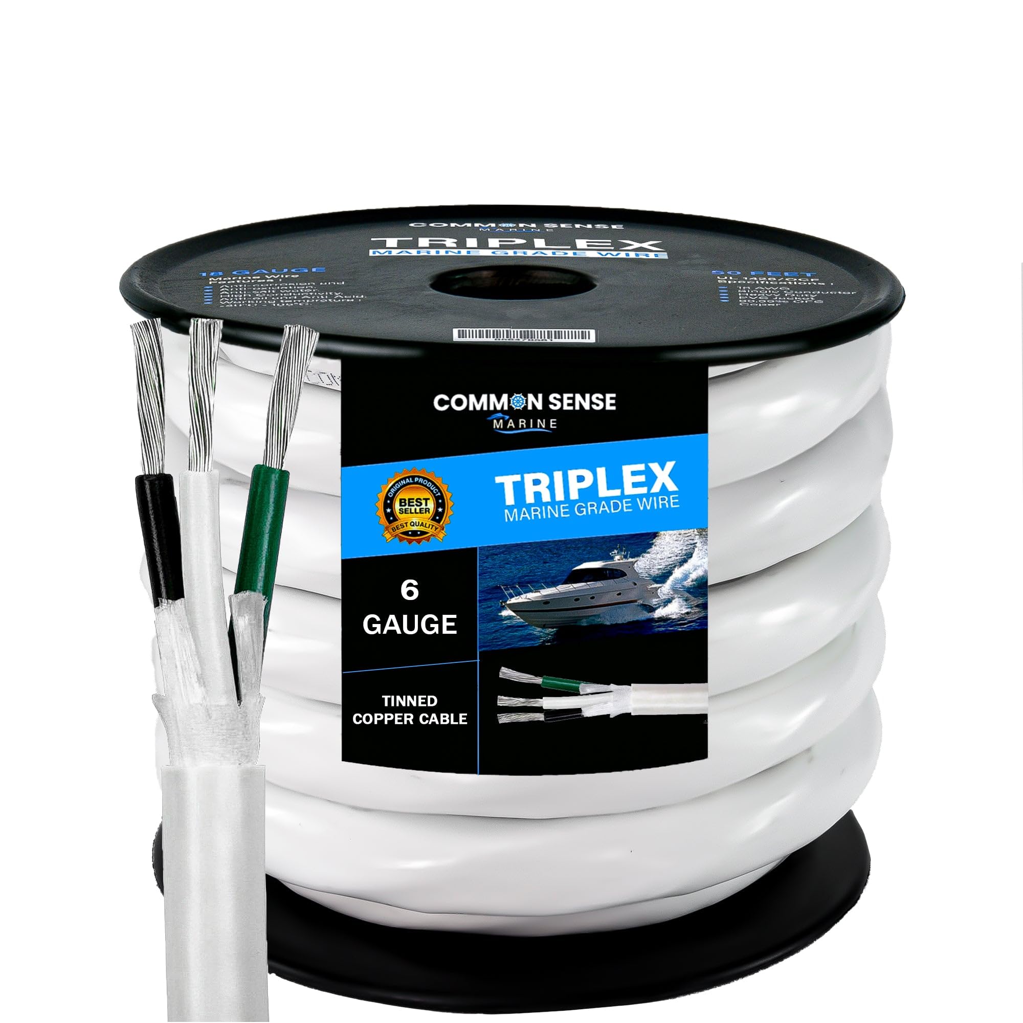 6 Gauge 3 Conductor Marine Wire - 2x50 ft Triplex Round Marine Grade Wire Tinned Copper Oxygen-Free Insulated - 6/3 AWG UL 1426 Standard PVC Wire for Boat, Automotive, Speakers, Camper & Trailers