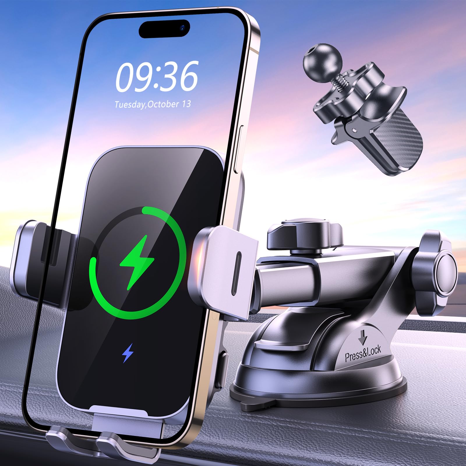 ISEYOU 15W Cargador Inalambrico Coche, [Sujeción Automático] Soporte Movil Coche Cargador Inalambrico, Wireless Car Charger con Ventosa y Clip de Ventilación, Compatible con iPhone 17/16/15/14, etc.