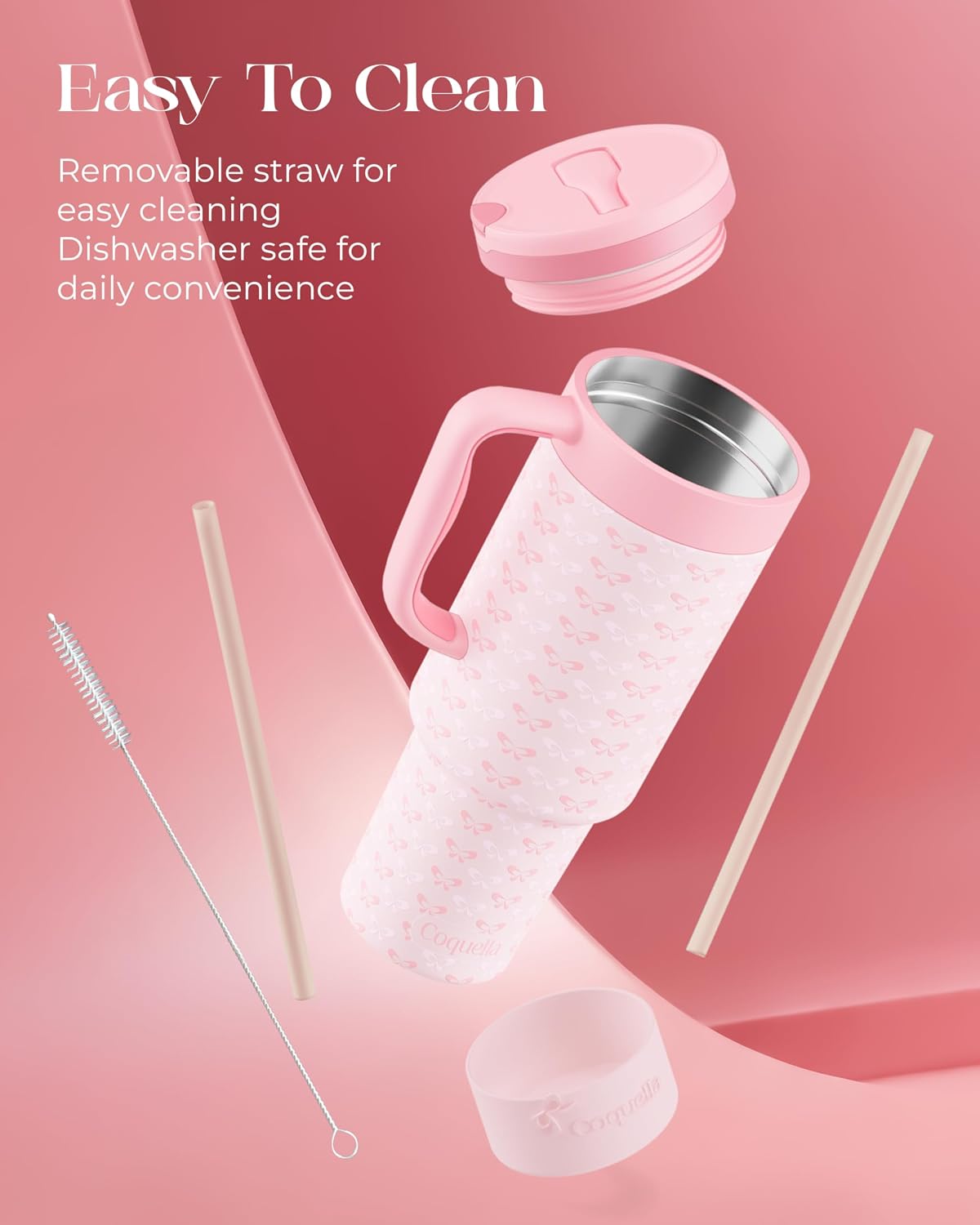 40 oz Insulated Tumbler with Handle and Push-Button Straw Lid, Stainless Steel Travel Cup for Gym Office, Leakproof, BPA-Free, Cup Holder Friendly, Bow Silicone Boot, Pink (Coquette Blush)