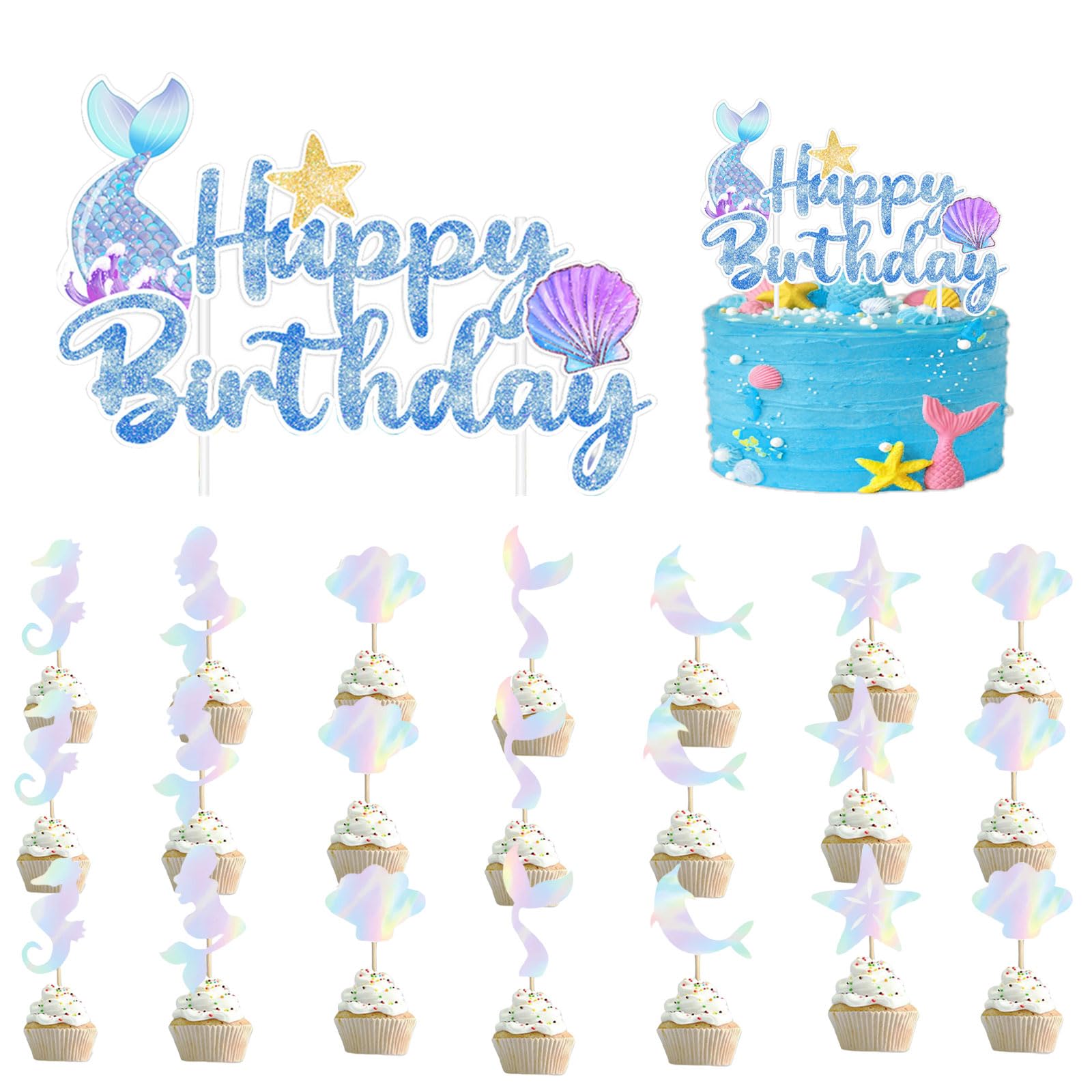 AYNKH 21Pcs Mermaid Theme Cupcake Toppers Personalised Birthday Party Cute Cake Happy Birthday Decorations Mermaid Theme Party Supplies Decorations for Boys Girls Adults