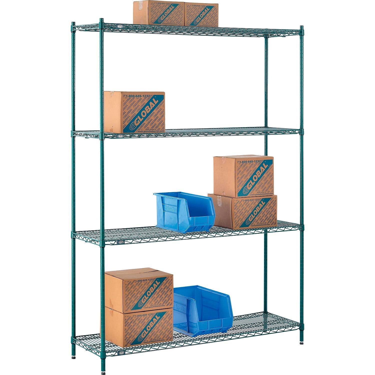 Poly-Green, 4 Tier, Wire Shelving Starter Unit, 60"W x 14"D x 86"H by Nexel – Steel, Green, Model 14608G