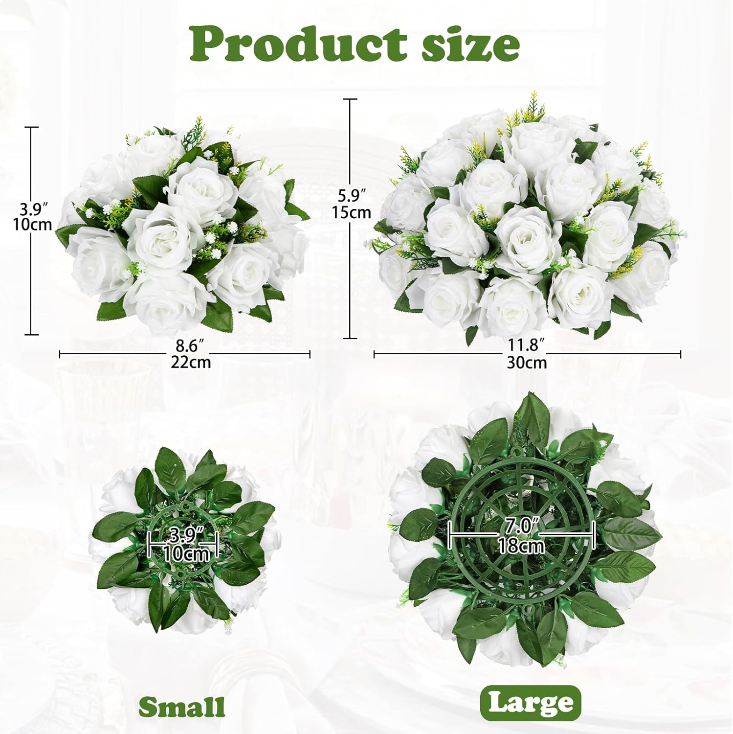 briful fake floral balls for centerpieces - 2pcs 11.8" large faux rose flower arrangement silk flower bouquet for home wedding party anniversary table vase flower stand decor(white) white large