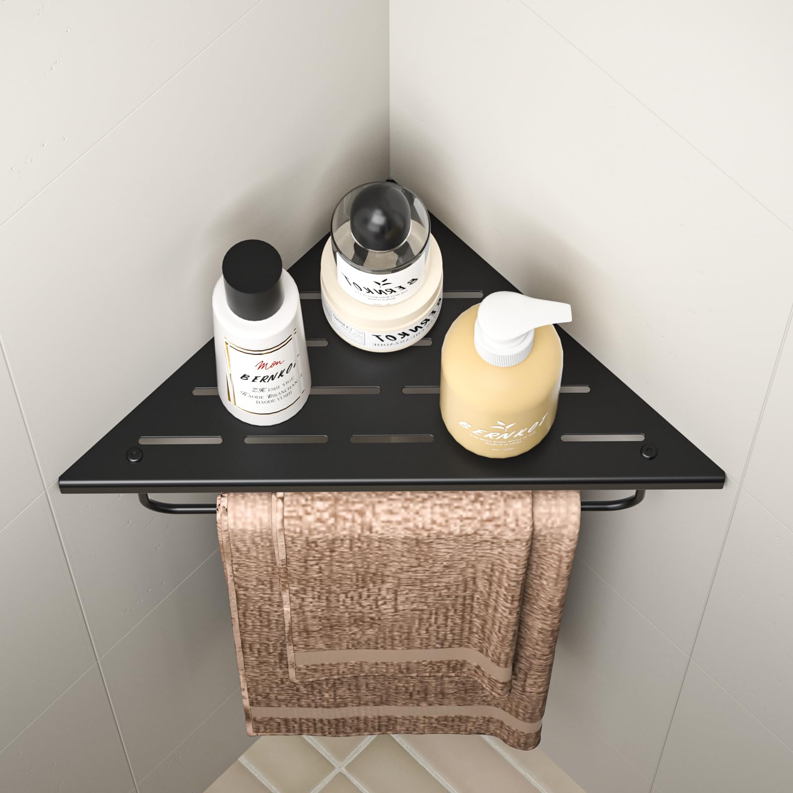 Eck-Duschregal aus 304-Edelstahl,Eckregal Dusche mit Handtuchstange | 25,4 cm Duschablage Ecke für Badrenovierung, Eckablage für die Dusche, passend für geflieste Wände,schwarz