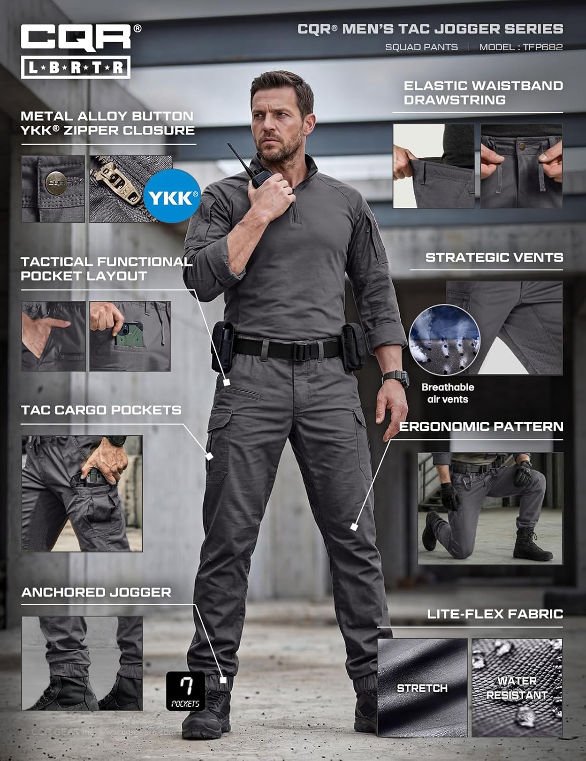 CQR Men's Flex Lightweight Joggers, Elastic Waist Drawstring Casual Pants, Tapered Fit Water Resistant Outdoor Cargo Pants