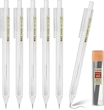 TIESOME 6PCS Novelty Mechanical Pencil Set, 0.5mm Transparent Pen Shell Pencils with 60pcs Lead Refill, Suitable for Drafting, Sketching, Art Class, Writing, and More