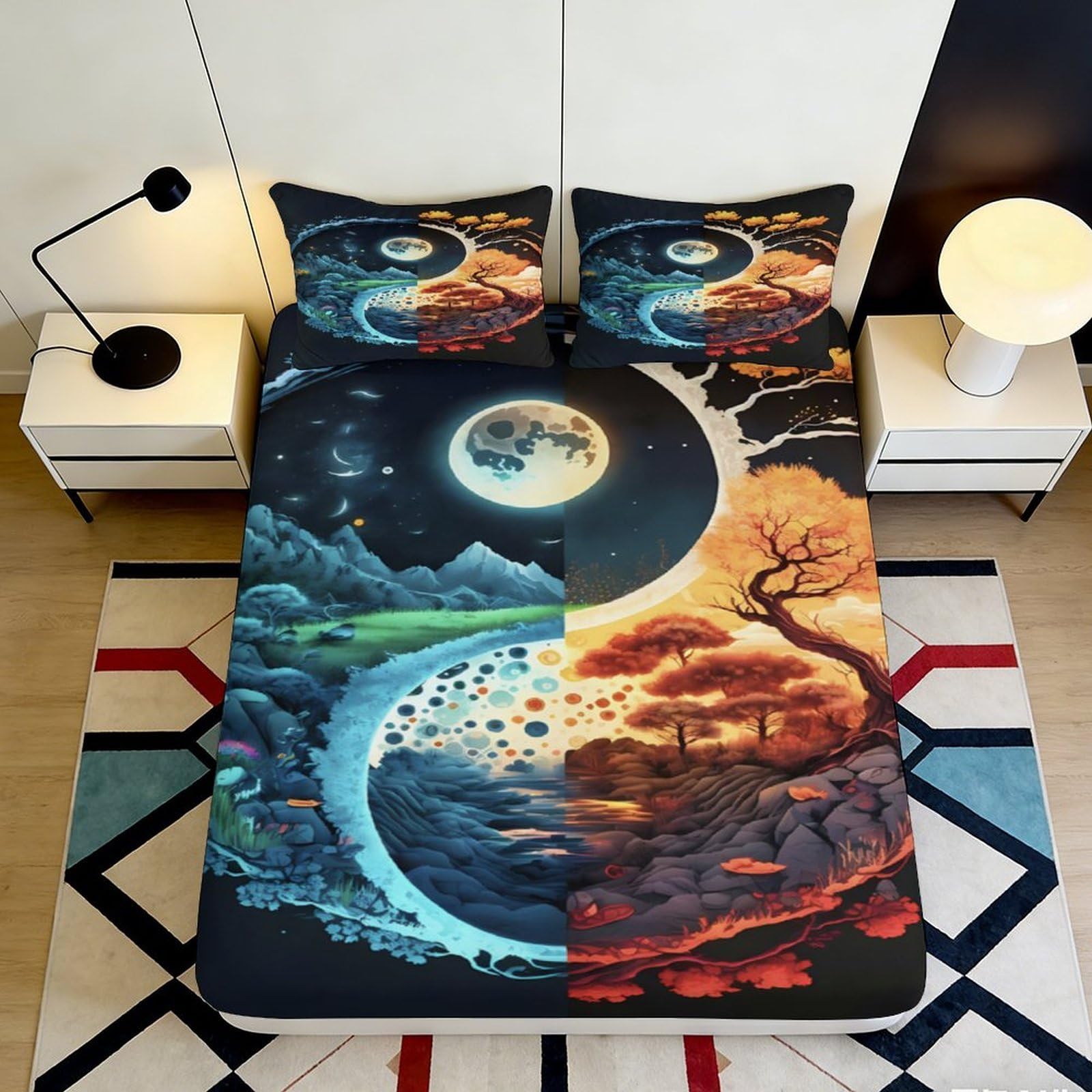 3D Printed Yin Yang Moon Fitted Sheet Microfiber Soft Autumn Winter Tree Bed Cover for Bedroom Dorm Mattress Protection Decor 160x200x25cm