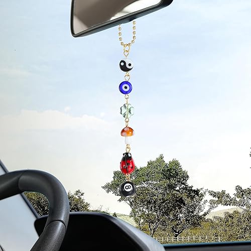 Miniatura 3 de Adorno colgante de auto de mal de ojo, dije de 8 bolas, hongo de cuatro hojas, mariquita, Yin Yang, simbo, espejo retrovisor, lindo, bohemio