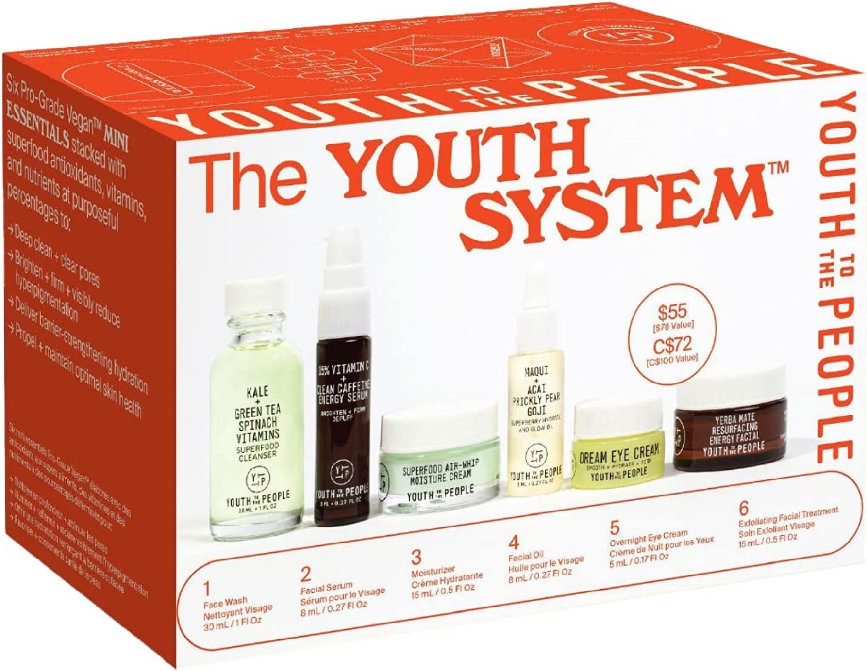 Youth To The People The Youth System - 6 Piece Set with Superfood Cleanser, Face Oil, Moisturizer, Vitamin C Serum, Eye Cream, Energy Facial - Vegan, Clean Skincare Kit