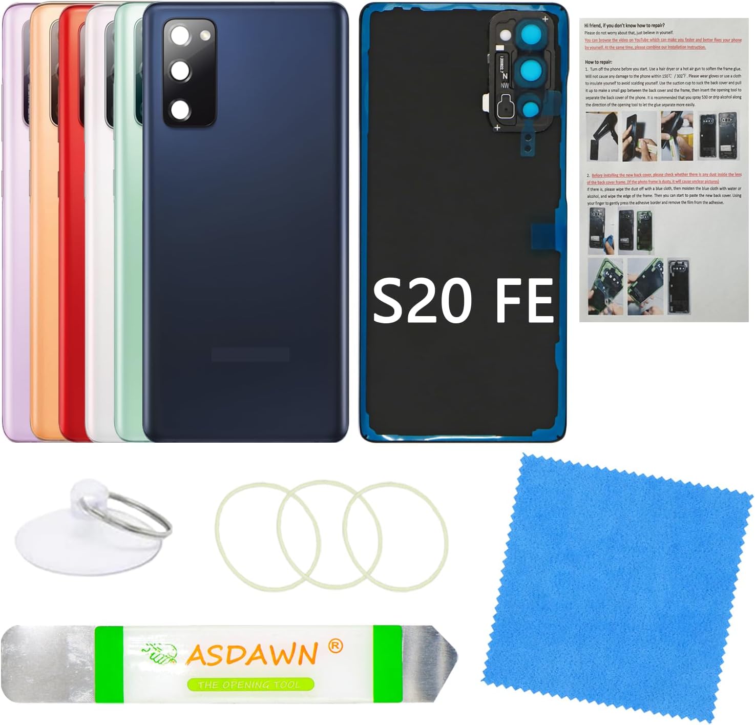 ASDAWN Galaxy S20 FE Back Cover Glass Replacement with Pre-Installed Camera Lens + All The Adhesive + Repair Tools for Samsung Galaxy S20 FE 5G SM-G780 SM-G781 All Carriers (Navy Black)