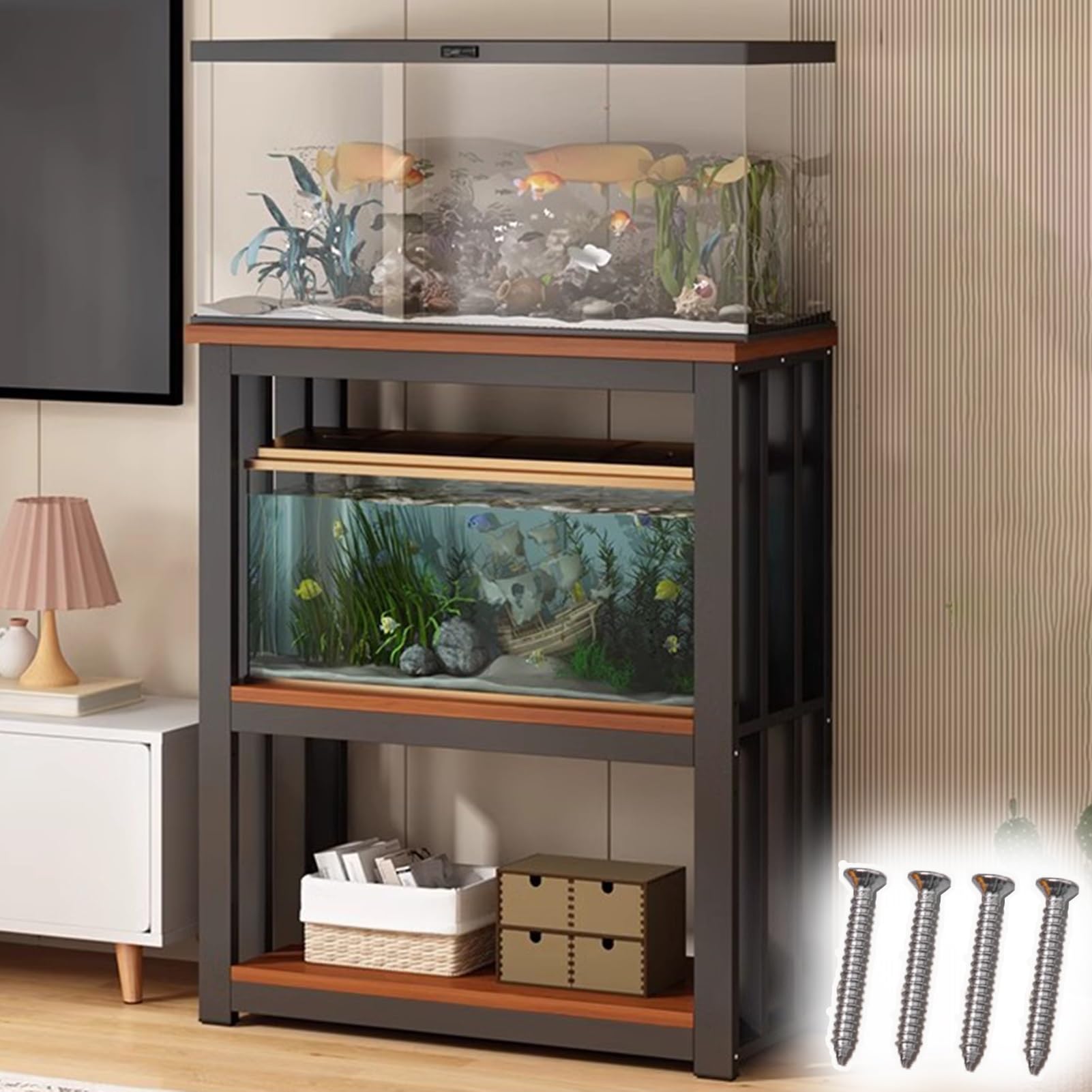 Roboter Kehrtisch Endschrank für Aquarien, Schwermetall, Aquariumständer mit Zubehör, bodenstehender Reptilien-Tankschrank für 2 Rassen, Hellbraun, Schwarz, 65 x 40 cm