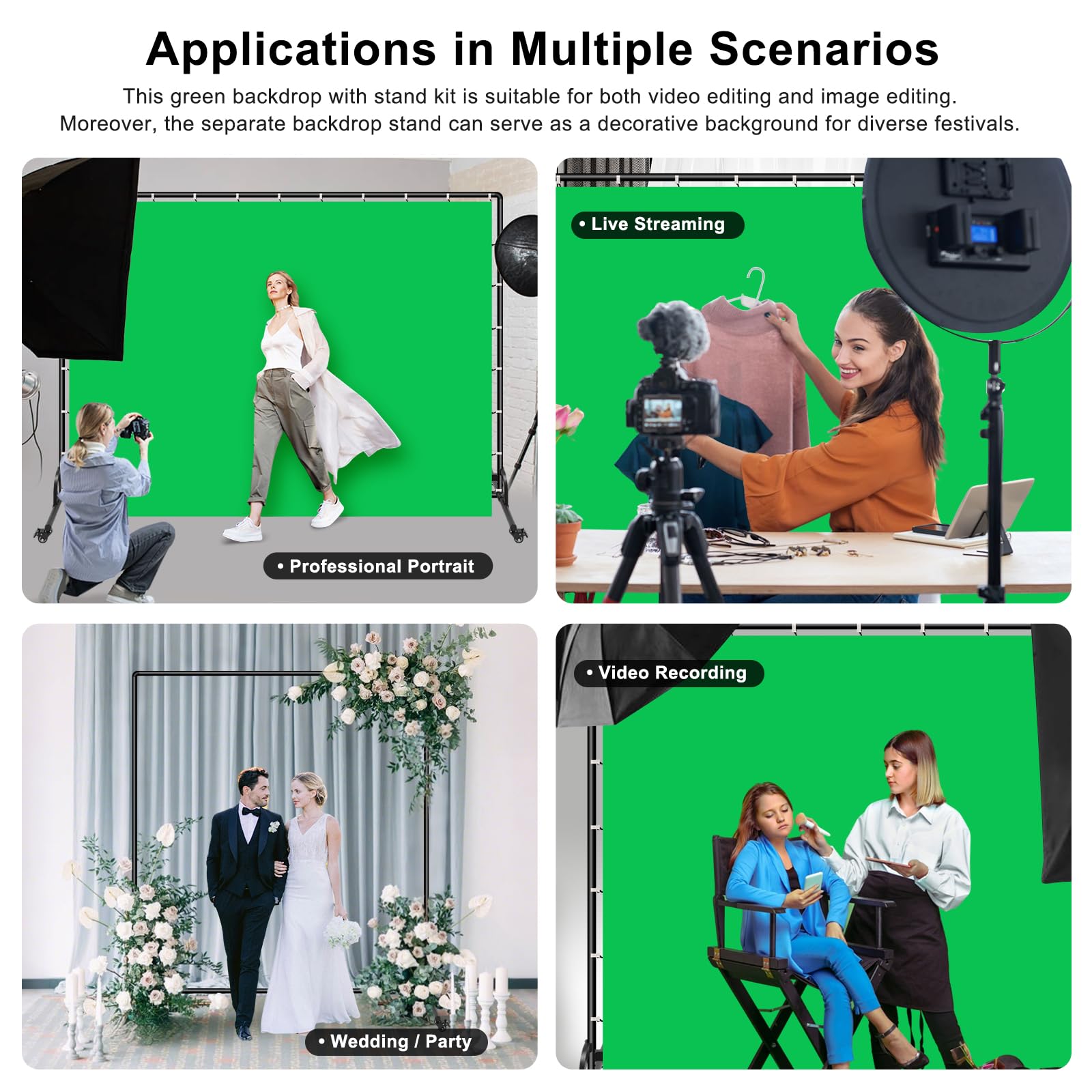 2 x 3 m sfondo verde schermo con kit di sfondo fotografico mobile, sfondo Greenscreen con supporto per streaming, video in studio, riunioni zoom e feste