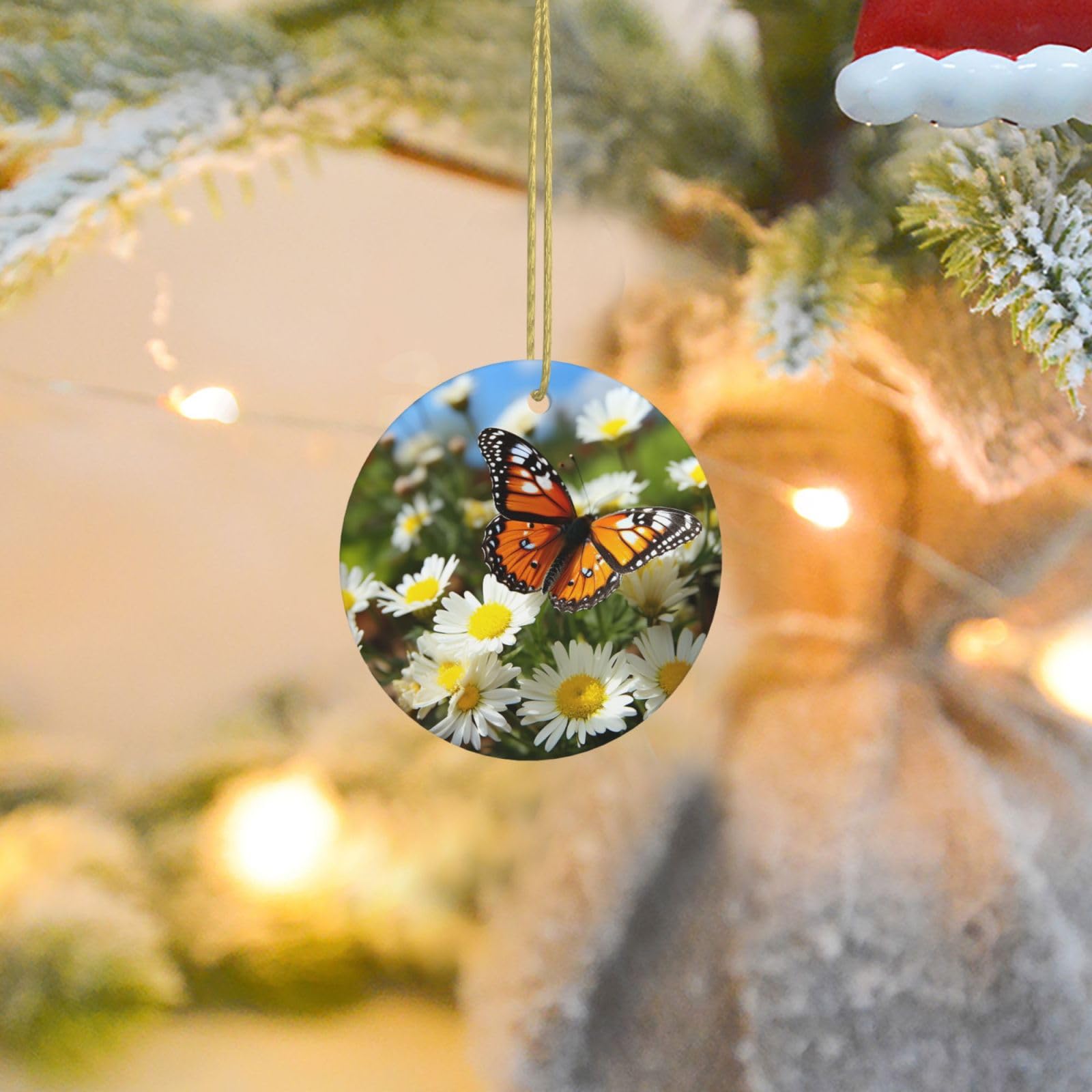Christmas Ornaments for Christmas Tree Decoration Ceramic Hanging Butterfly on Daisy Flower Ornament with Gold Ribbon Crafts Round Pendant for Keepsake Gifts Glass Xmas Decor Party Supplies