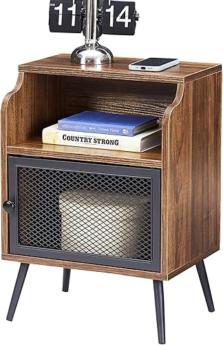 VECELO Mesita de noche, mesa auxiliar con armario de almacenamiento, mesita de noche para dormitorio, sala de estar, hogar, juego de 1, color marrón