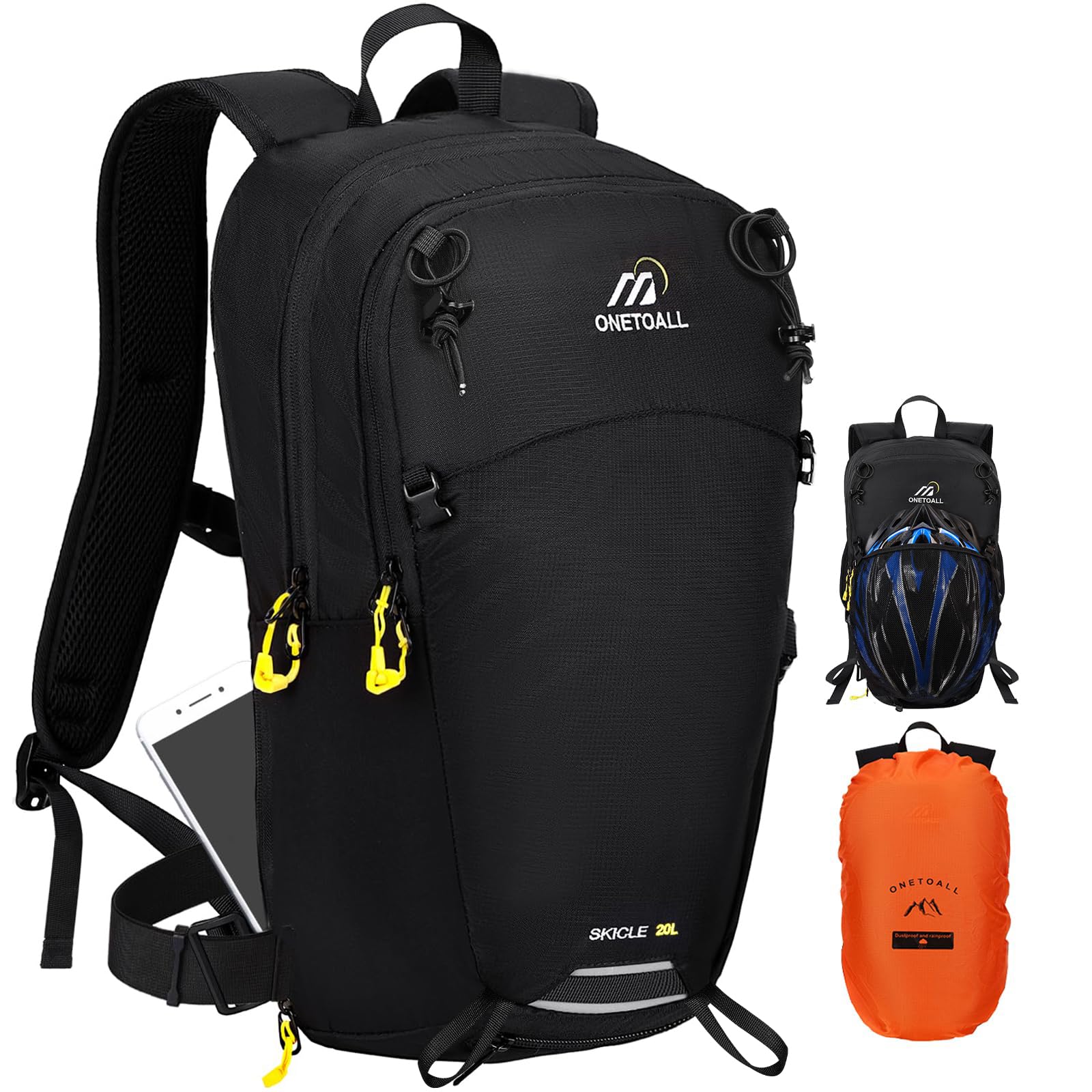 ONETOALL Wanderrucksack 20L Wasserdicht, Fahrradrucksack Skirucksack mit Helmnetz und Regenschutz, Tagesrucksack mit Abnehmbarem Bauchgürtel zum Radfahren Wandern Tagestour Sport Alltag Sport & Freizeit