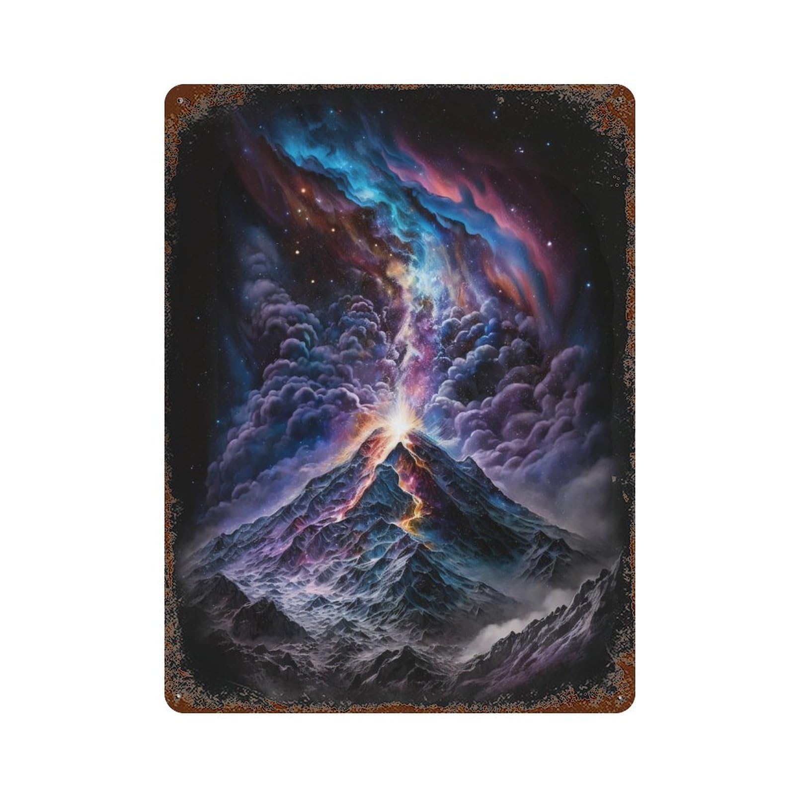 Cosmic Mountain Eruption 15.7"x11.8" Rustic Tin Plaque, Retro Wall Decor for Garage, Bar And Workshop Decor