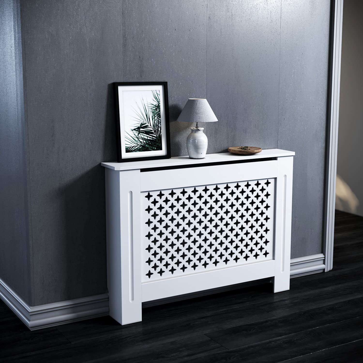 ELEGANT Heizkörperverkleidung, 112x19x81.5cm, Raute Lamell, Lackiert, Weiß | Heizkörperabdeckung, Heizkörperschutz, Schrank Heizkörper Abdeckung für Wohnzimmer, Schlafzimmer, Küche, Modern, Holz
