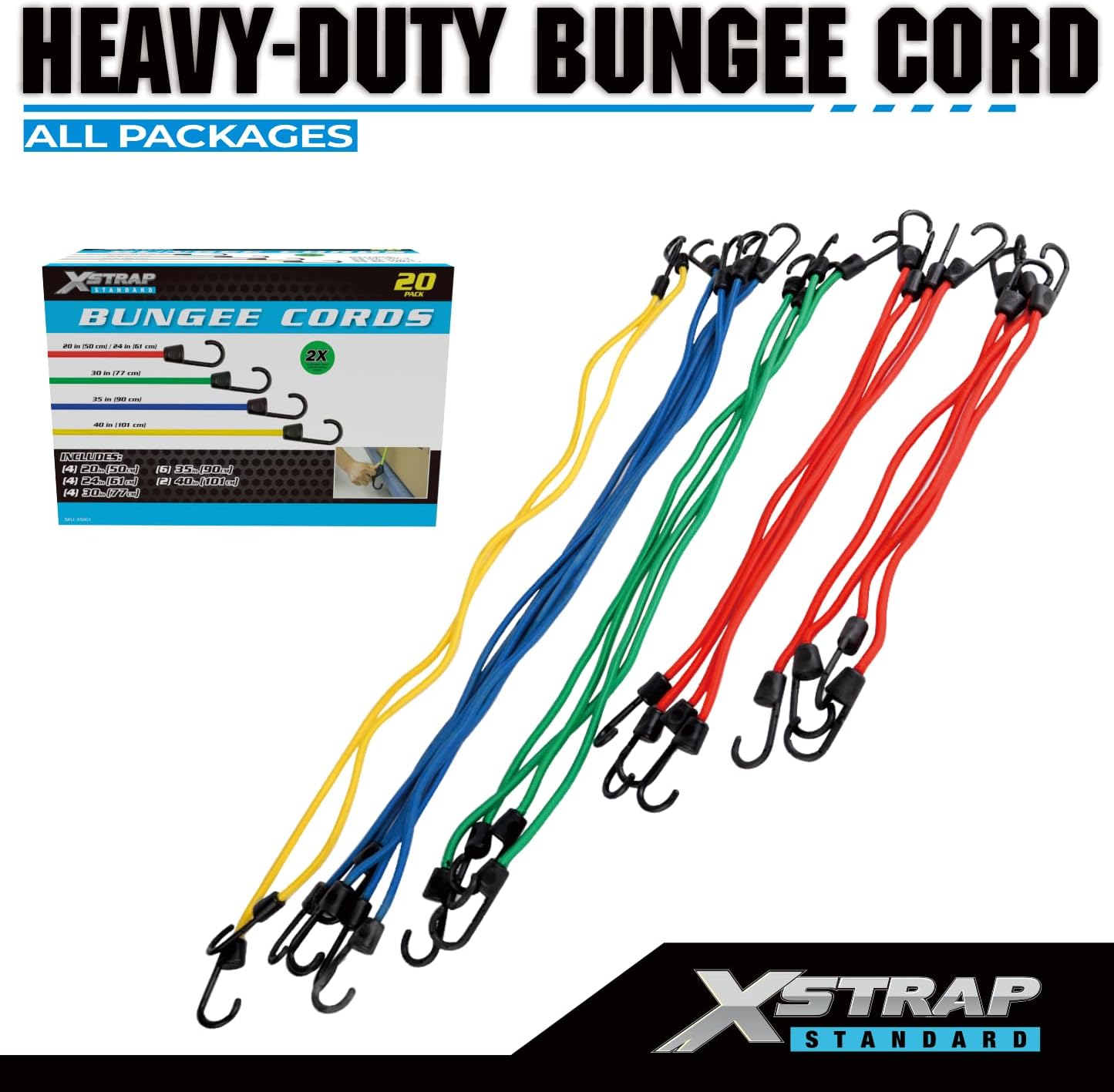 XSTRAP STANDARD 20 Pieces Premium Bungee Cords Assortment - Includes 20”, 24”, 30”, 35”, 40” Bungee Cords with Hooks