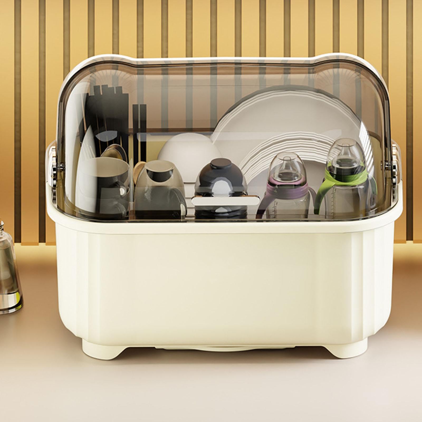 Gralara Escurridor de Platos con Tapa, Resistente al Polvo, Bandeja para secar Platos, Soporte para Tenedores, Tazas y Cuencos, Blanco Lechoso