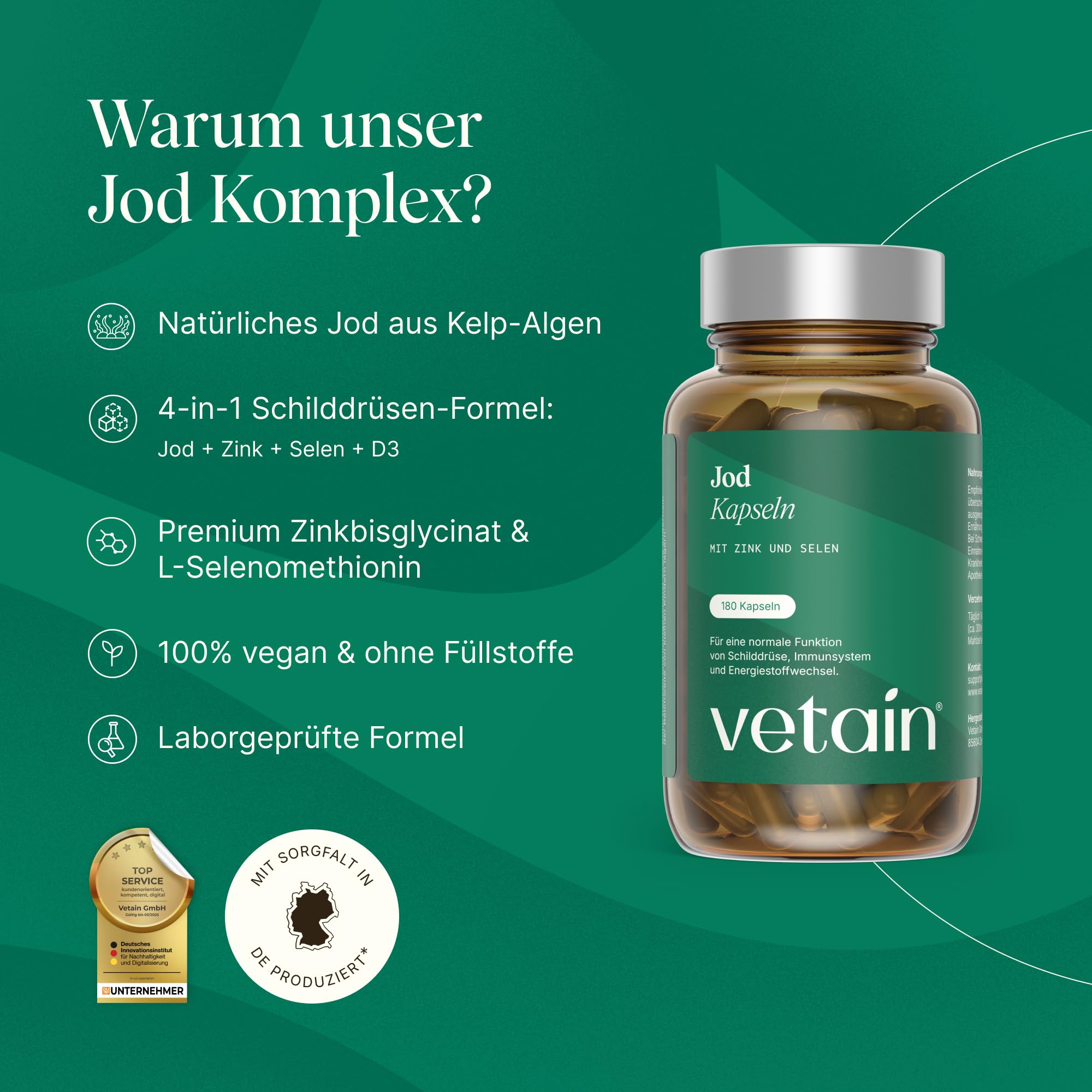 VETAIN Jod Komplex Schilddrüse - 150µg Jod aus Meeresalge Kelp, Selen, Zink, Vitamin D3-180 Kapseln - 6 Monate Vorrat - hochdosiert, vegan & ohne Zusätze - produziert in Deutschland