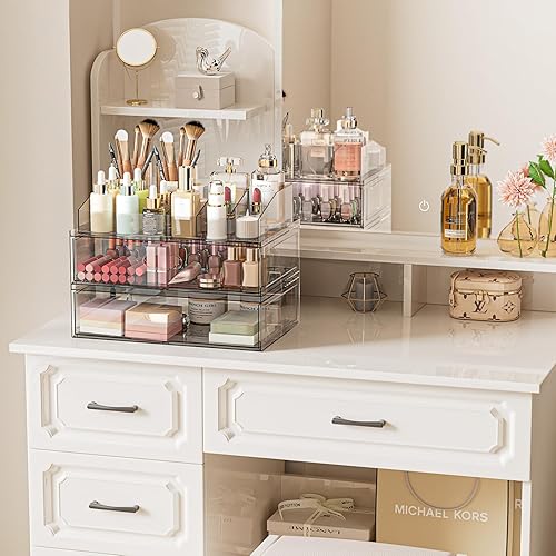Miniatura 2 de Organizador de maquillaje apilable transparente con cajón, cajones de almacenamiento de acrílico de 12 pulgadas de ancho, vitrina de cosméticos para