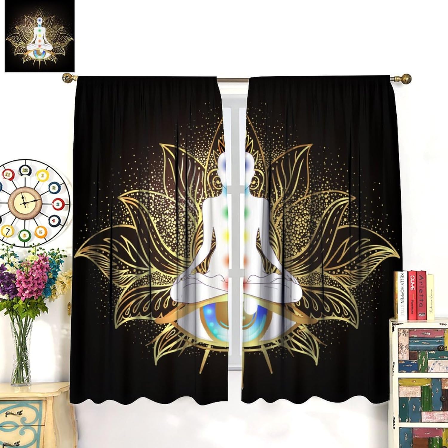 Seven Chakra Curtains Mandala Eyes Yoga Meditation Zen Hippie Golden Black Lotus Curtain with Rod Pocket for Bedroom Living Room Home Drapes Window Treatments 2 Panels Set 55" W X 63" L