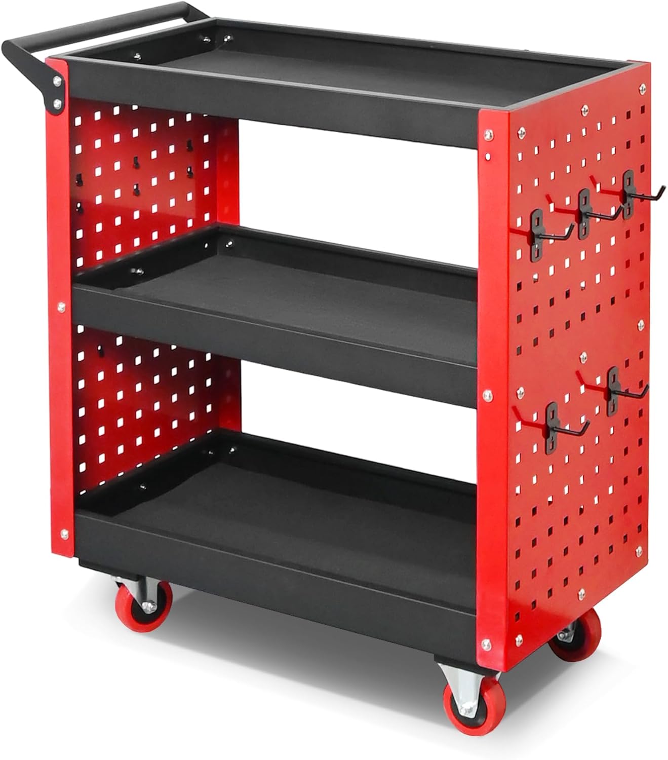3 Tier Tool Cart on Wheels, Heavy Duty Metal Rolling with Drawers and Pegboards, 660 LBS Load Capacity Tool Storage Cart, Industrial Utility for Garage, Warehouse, Workshop