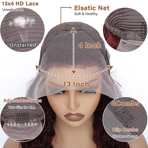 Miniatura 10 de Pelucas de cabello humano con encaje frontal color burdeos 99j para mujeres, pelucas de cabello humano ondulado sin pegamento, densidad 180, peluca