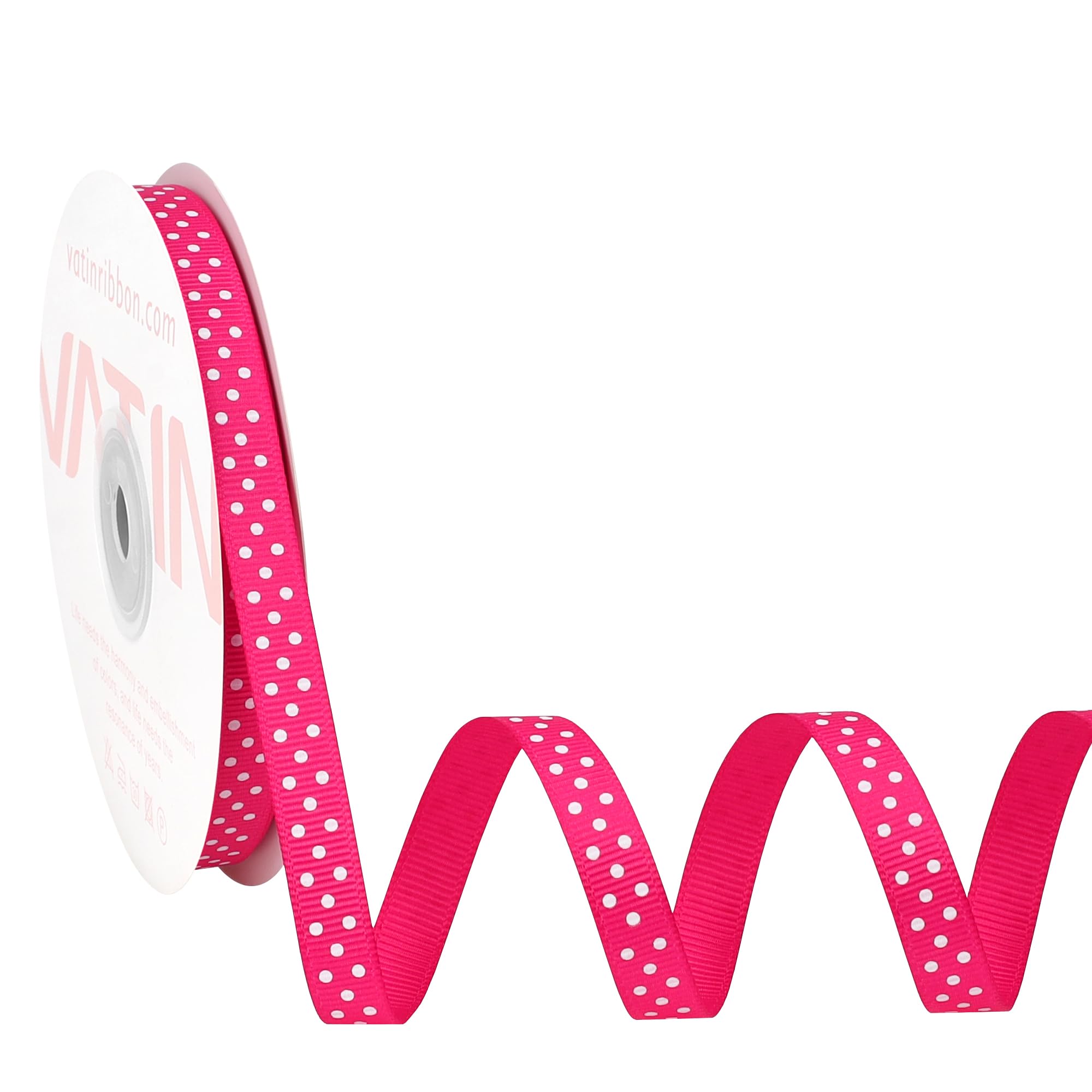 VATIN Polka Dot Grosgrain Ribbon, 10mm Wide by 23 Metres Spool, Shocking Pink Ribbon with White Dots, Spring Themed, Use for for Flower Bouquet, Gift Wrapping, Party Decor, Bows Making