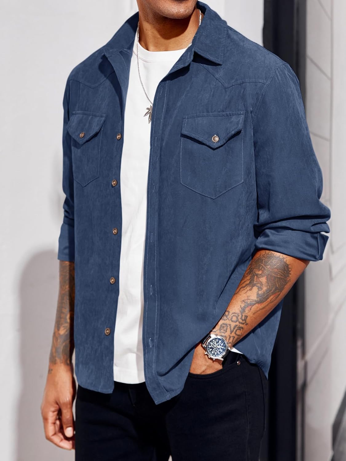 Runcati Mens Long Sleeve Suede Shirts Button Down Shacket Casual Work Western Regular Fit Shirt Jacket - Image 2