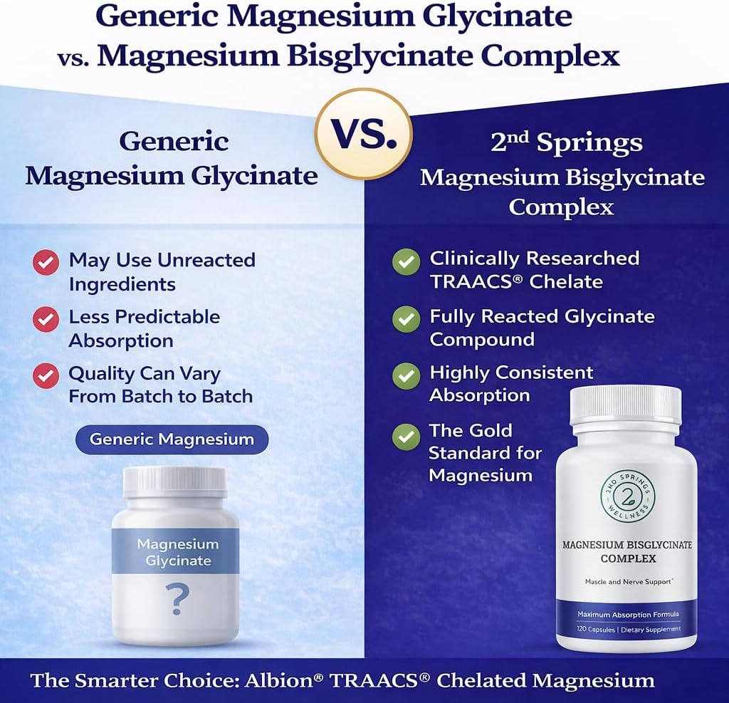 Magnesium Bisglycinate Complex 400mg – Albion TRAACS Chelated Magnesium for Maximum Absorption – Gentle on Stomach, Highly Bioavailable Magnesium Supplement – 120 Capsules