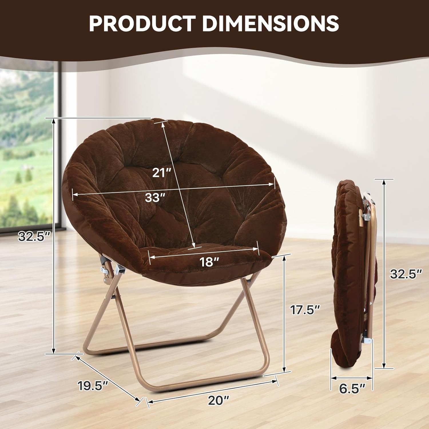 Magshion Saucer Chair for Adults, Comfy Living Room Lounge Chair for Bedroom Corner, Dorm, Apartment, Faux Fur Fluffy Circle Accent Seat with Thick Padded & Folding Metal Frame (Brown)