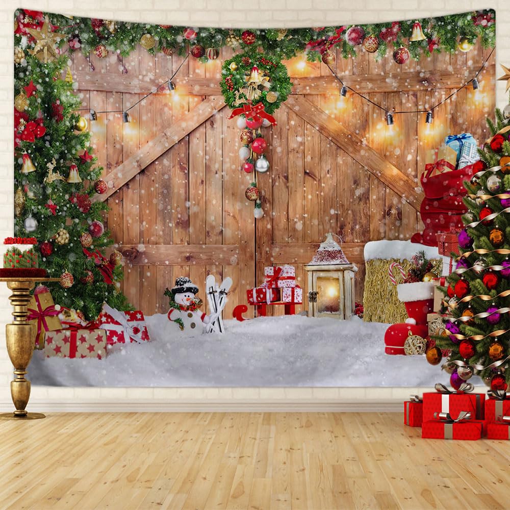Chickwin Christmas Tapestry Wooden Background, Christmas Backdrop Scene Xmas Wall Decor Tapestry Wall Hanging for House Home Door Garage Novelty Xmas Decoration Indoor Outdoor (130X150cm,White Snow)