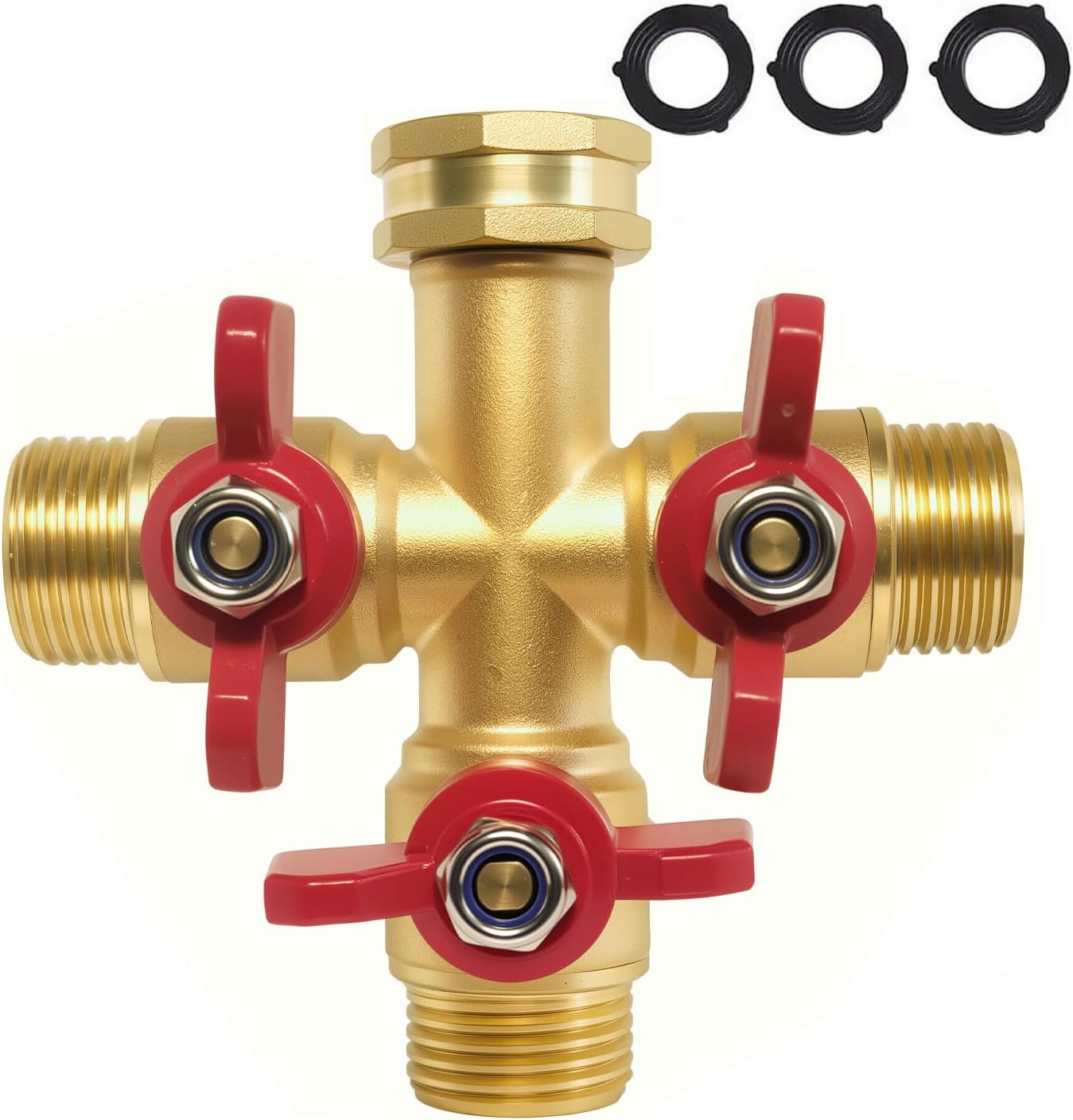 3 Way Hose Splitter Garden Shut Off Valve Solid Brass High Volume Connector Brass Water With Metal Handle Heavy Duty Flow Spigot Splitter Shut Valve, 3/4 Inch Garden Tap Splitter