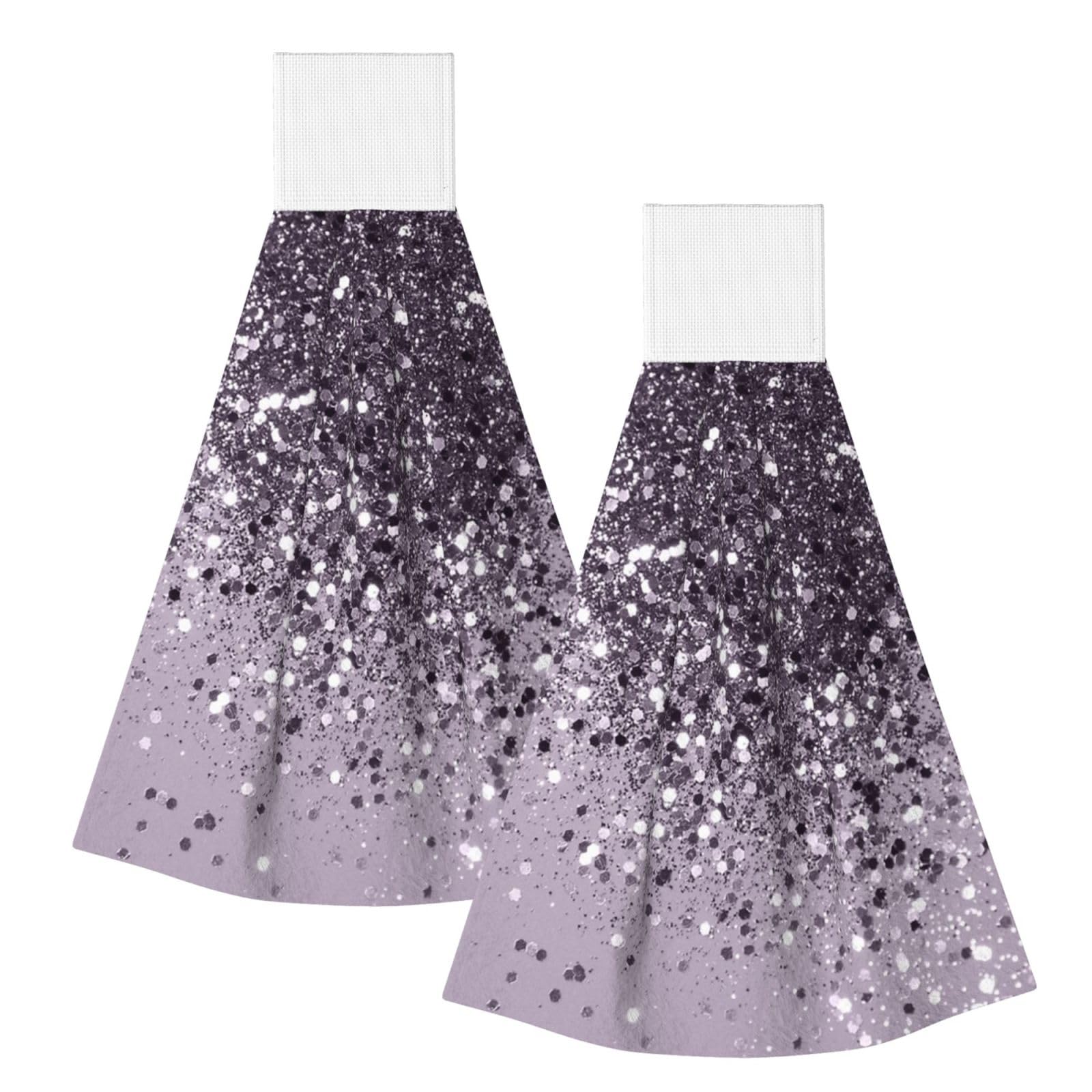 DOPKLNA Sparkling Lavender Lady Glitter Shiny Decor Art, 2 Pcs Hanging Coral Fiber Hand Towels for Bathroom, Absorbent Kitchen Towels