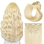 SUYYA Clip in Hair Extensions - Real Human Hair, Bleach Blonde, Straight, Double Weft - Clip ins, 7pcs, 120g (16 inches 613)