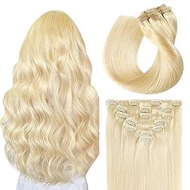 SUYYA Clip in Hair Extensions - Real Human Hair, Bleach Blonde, Straight, Double Weft - Clip ins, 7pcs, 120g (16 inches 613)