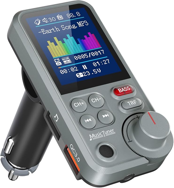 Nulaxy Transmisor FM Bluetooth para automóvil, Micrófono potente Adaptador Bluetooth para automóvil con pantalla a color de 1.8" para llamadas manos libres, Soporta carga QC3.0, Reproductor de música con sonido agudos y graves - KM30 Gris | Ajustable 170°, pantalla a color, Llamadas manos libres Micrófono fuerte, transmisión de música agudos/graves, Receptor de radio inalámbrico, AUX TF USB