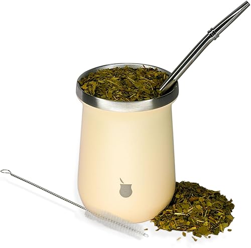 Yerba Mate - Juego de taza y bombilla, 8 onzas, acero inoxidable de doble pared (incluye bombilla/popote y cepillo de limpieza) Juego de calabaza de