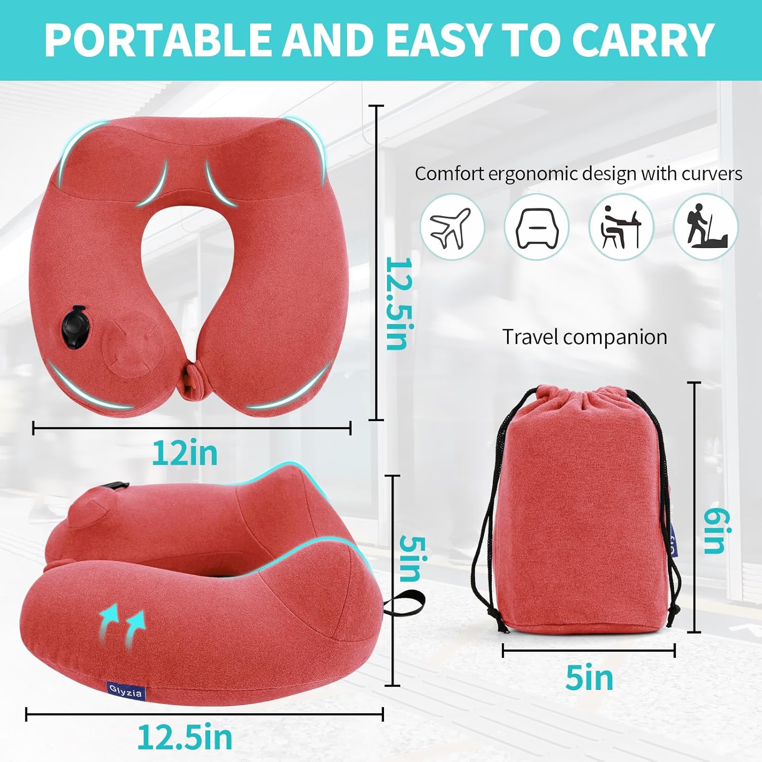 Inflatable Travel Neck Pillow for Airplane, Head Support Velvet Adult Neck Pillow for Long Flight, Kit with Eye Mask, Earplugs and Storage Bag,1, Rose Pink - Image 2