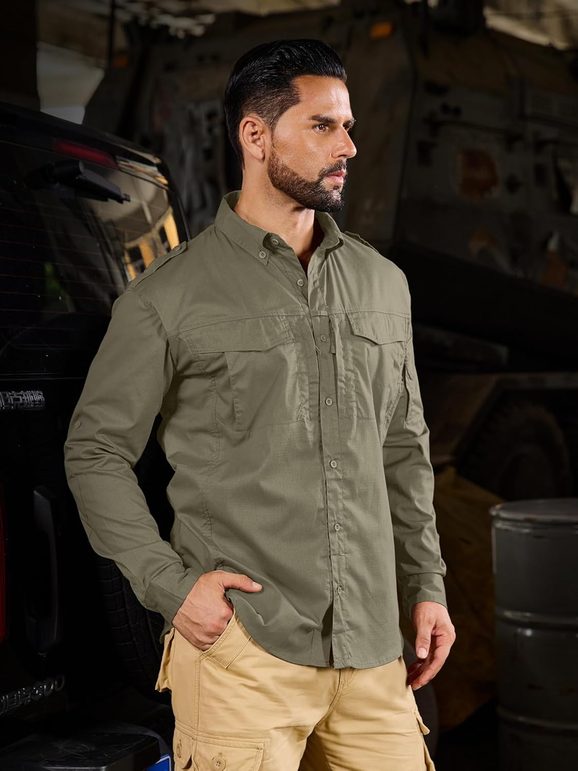 Mens Fishing Shirts Long Sleeve Button Up Ripstop Work Shirts with Zipper Pockets for Outdoor Safari Hiking Hunting - Image 2