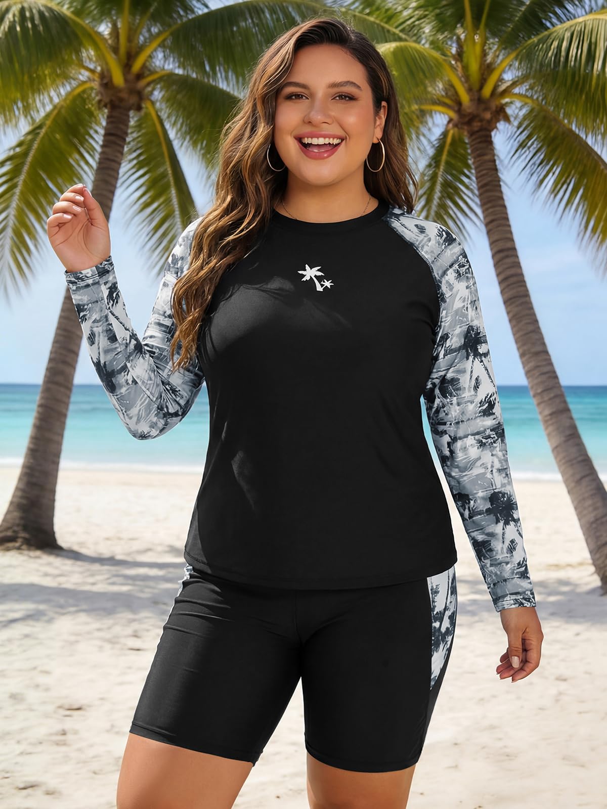 SHEKINI Costume da bagno da donna, taglie forti, 2 pezzi, camicia da bagno e pantaloncini, a maniche lunghe, protezione solare