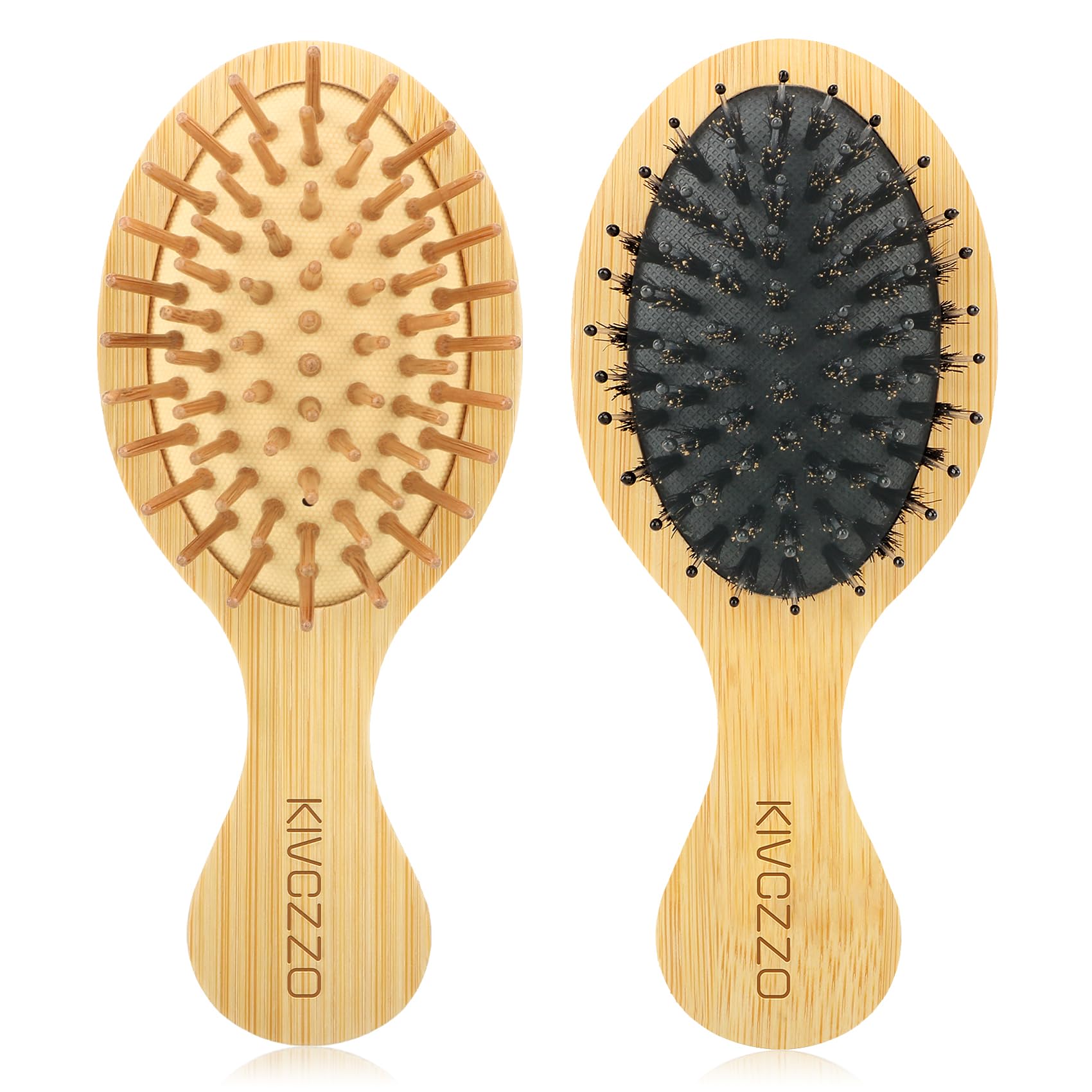 Mini cepillo de pelo de bambú, paquete de 2, cerdas de jabalí y pasadores individuales, desenredante de masaje, tamaño pequeño de viaje para cabello grueso/rizado, cepillo de bolsillo