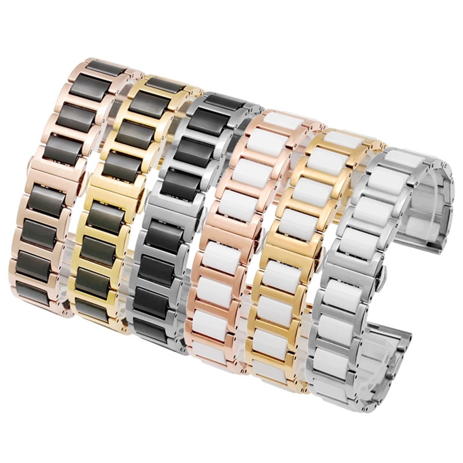 Pulsera de cerámica para Hombre y Mujer, Correa de Reloj de Acero Inoxidable combinada, Correa de Reloj de Moda (Plata Blanca, 15 mm)