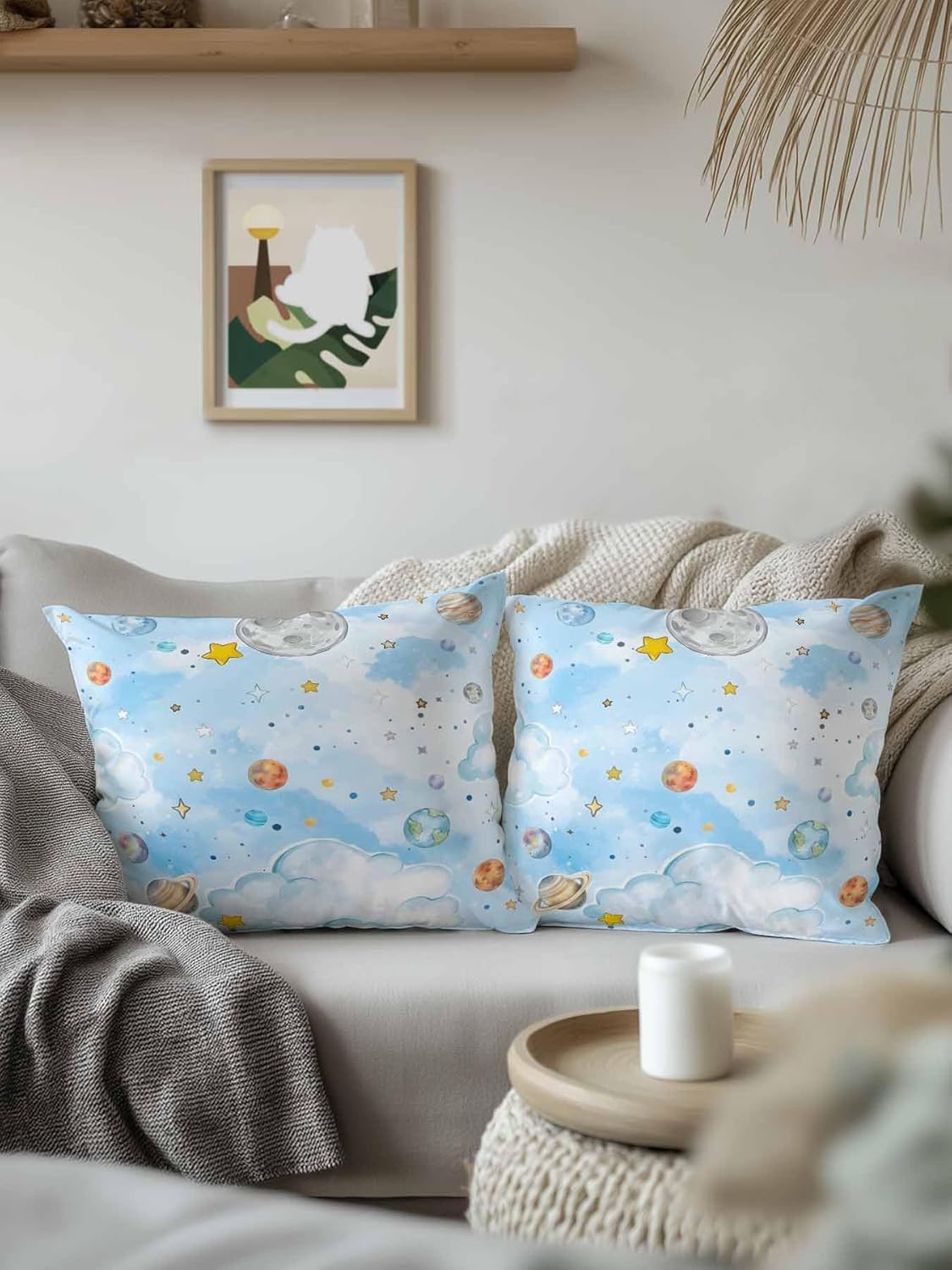 1 Pack Outdoor Pillows Waterproof, Children's Day Indoor/Outdoor Throw Pillows with Inserts, Galaxy Universe Stars Planets Moons Decorative Pillow for Patio Furniture Chairs Couch 18"x18"