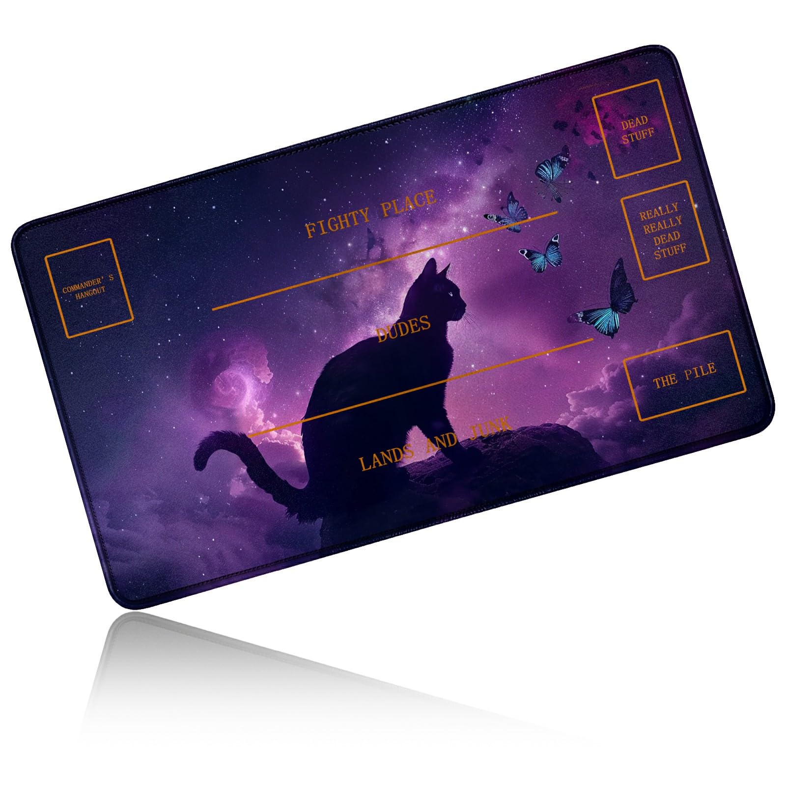 Dikoer for MTG Playmat 24 x 14 Inches, Card Play Mat Stitched Edges Commander Deck Non Slip Rubber Gameplay Desk Pad for DTCG CCG RPG TCG Trading Cards Inked Game with B Zones - Purple Cat Butterfly