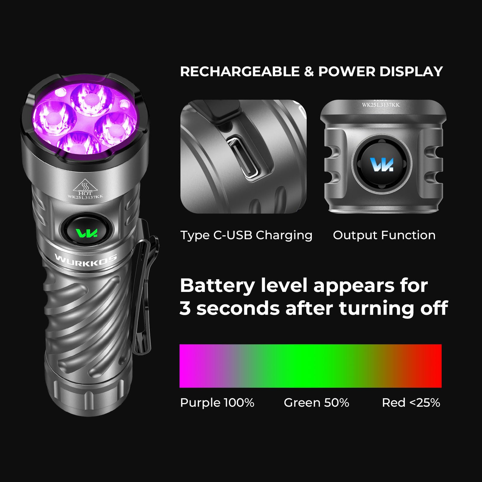 Wurkkos TS26 Torcia ricaricabile 3470 ad alta luminosità, USB C LED torcia con batteria da 5000 mAh di grande capacità, torcia luminosa impermeabile IPX8 per campeggio, emergenza, all'aperto, EDC